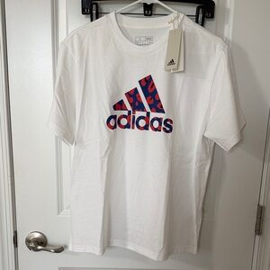 Adidas White Tee with Red and Blue Graphic